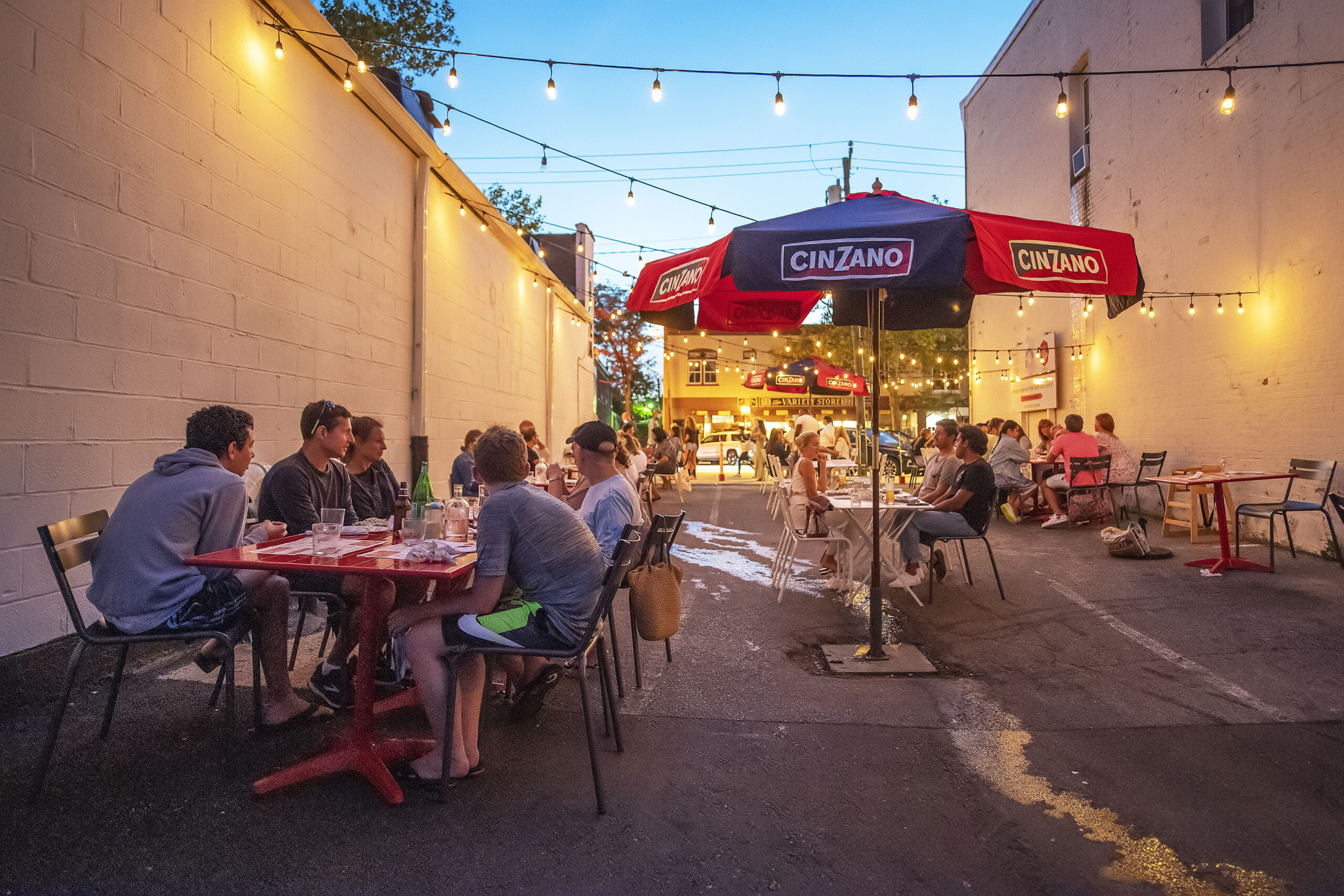 The outdoor dining space in the alley adjacent to Sag Pizza in Sag Harbor created in response to the COVID-19 pandemic, photographed on August 21, 2020.   MICHAEL HELLER