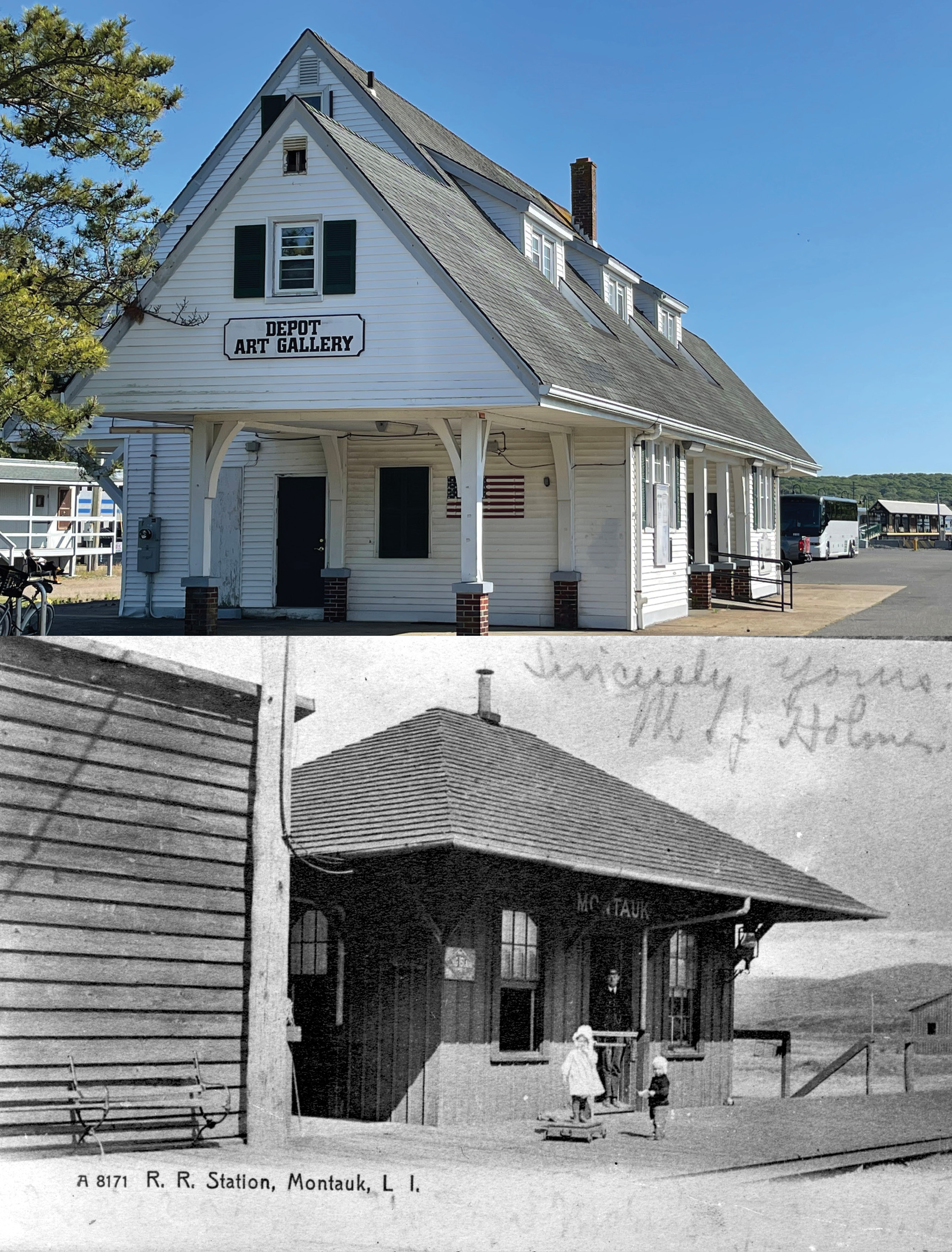 Montauk Artists’ Association’s Depot Gallery then and now at the LIRR station in Montauk. COURTESY MONTAUK LIBRARY