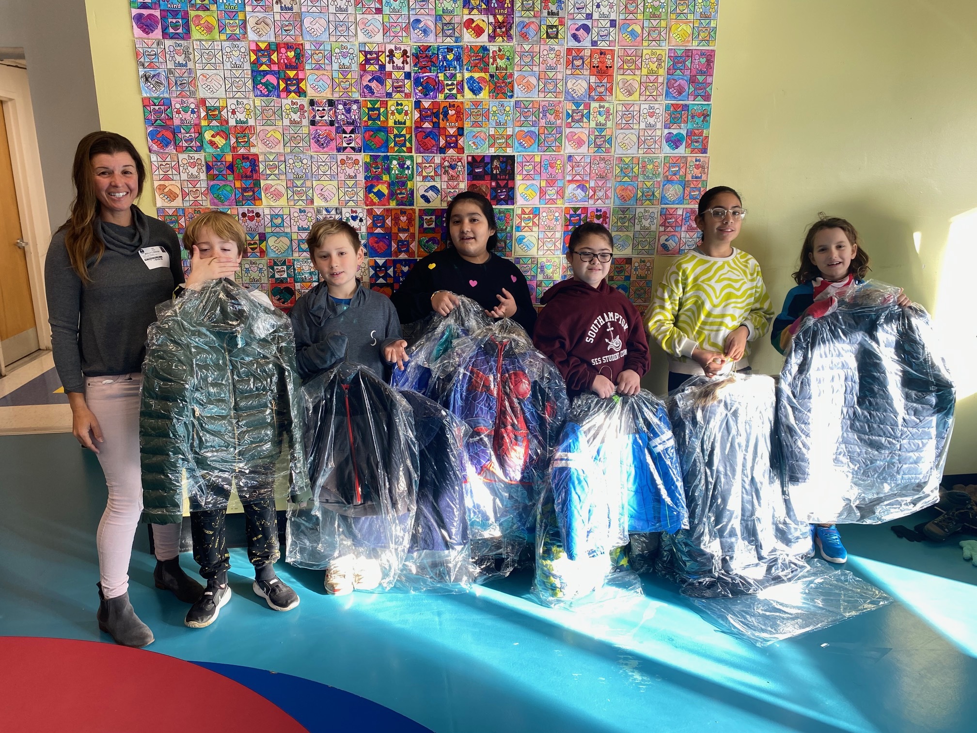 The Southampton Elementary School Student Council recently donated an array of winter coats to Heart of the Hamptons. All the coats were dry-cleaned for free through the generosity of Carolyn’s Good Ground Cleaners in Hampton Bays and will be distributed to local families in need. COURTESY SOUTHAMPTON SCHOOL DISTRICT