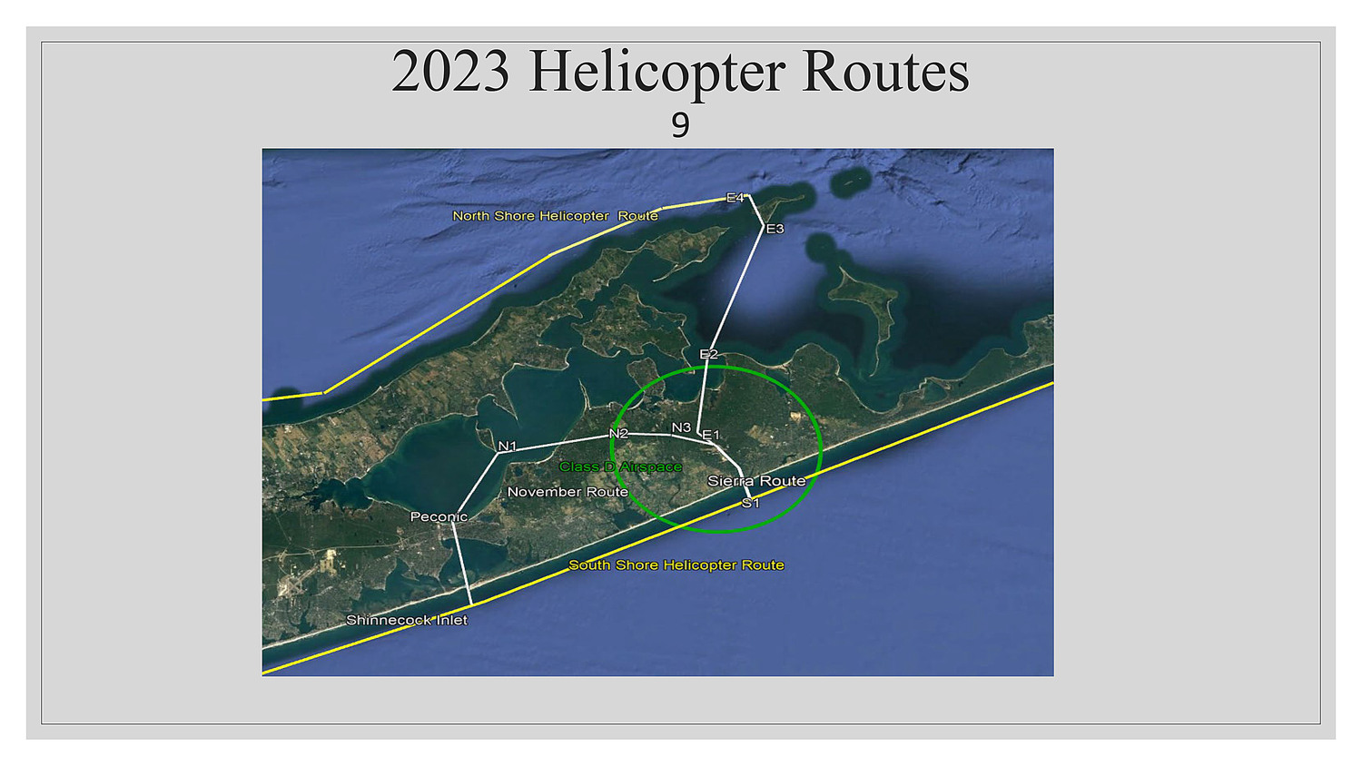 Helicopters heading for East Hampton Airport in the summer of 2023 will be directed to head inland at Shinnecock Inlet and then fly up the Peconic Bay shoreline. The so-called November route had been abandoned in 2022 in favor of a route that had choppers stay out over the ocean all the way to Wainscott before making the short transition north over Georgica Pond to the airport. This year that route, known as Sierra to pilots, will only be used for departures from the airport. 
EAST HAMPTON TOWN