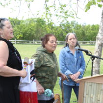 The Thunder Bird Sisters, the Reverend Holly Haile Thompson, Becky Genia and Tina Tarrant, sing at the dedication. ELIZABETH VESPE