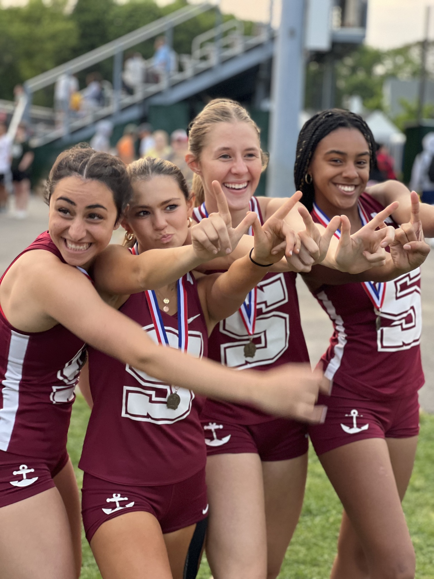 Southampton's 4x100-meter relay team of, from left, Kyla Cerullo, Sophia Oliveri, Emily Zukosky and Diamond Brown, were county champions on Monday.   AMY CERULLO